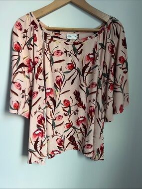 Ava & Viv | Peach Floral Print Peasant Flowy Cropped Casual Top Size 3X